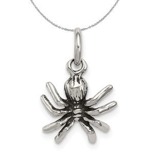 Sterling Silver Small 3D Antiqued Spider Necklace - 16 inch